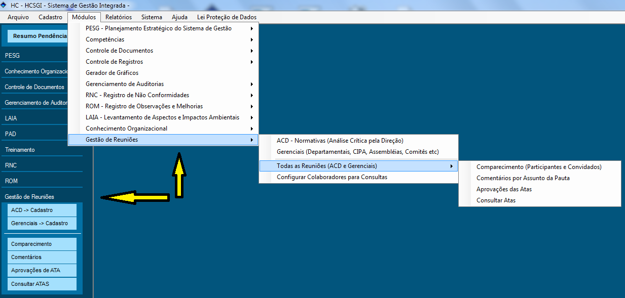 HCSGI - Menus disponíveis